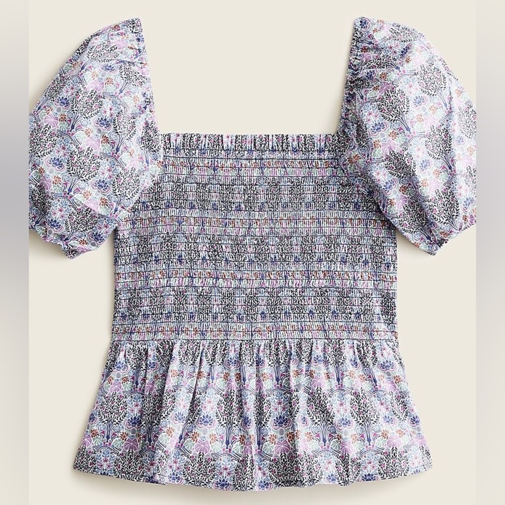 J. Crew Lavender Multi Smocked Puff-Sleeve Peplum Top